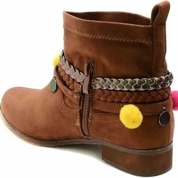 Funky Cowgirl Tan Braided Anklet Removable Pom Pom Charm Vegan Boots NIB Western - Picture 4 of 5